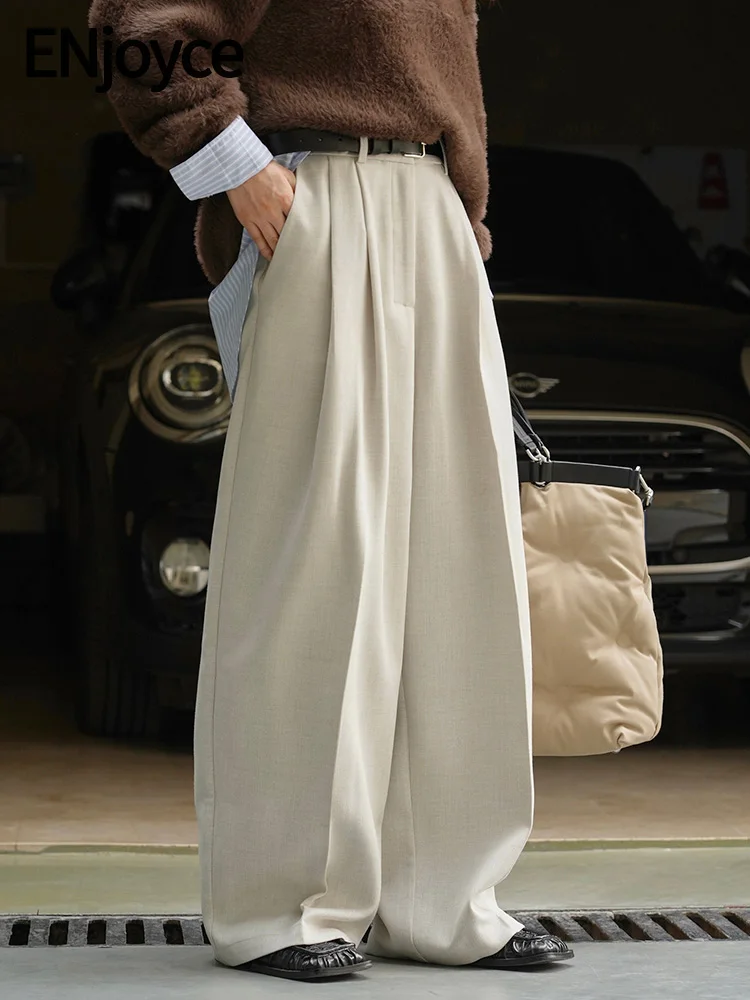 

ENjoyce 2023 Winter Women New Vintage Wide Leg Double Pleated Wool Suit Pants Ladies Korean Style High Waist Workwear Trousers