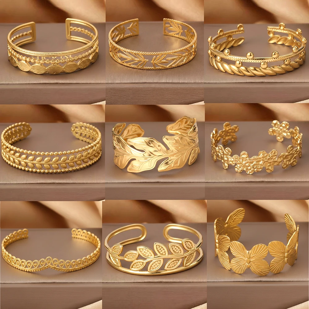 1pc Stainless Steel Chunky Bangle Plant Series Flower Geometry Brief Evil Eye Multiple Styles Gold Plated Bangles Women Gift