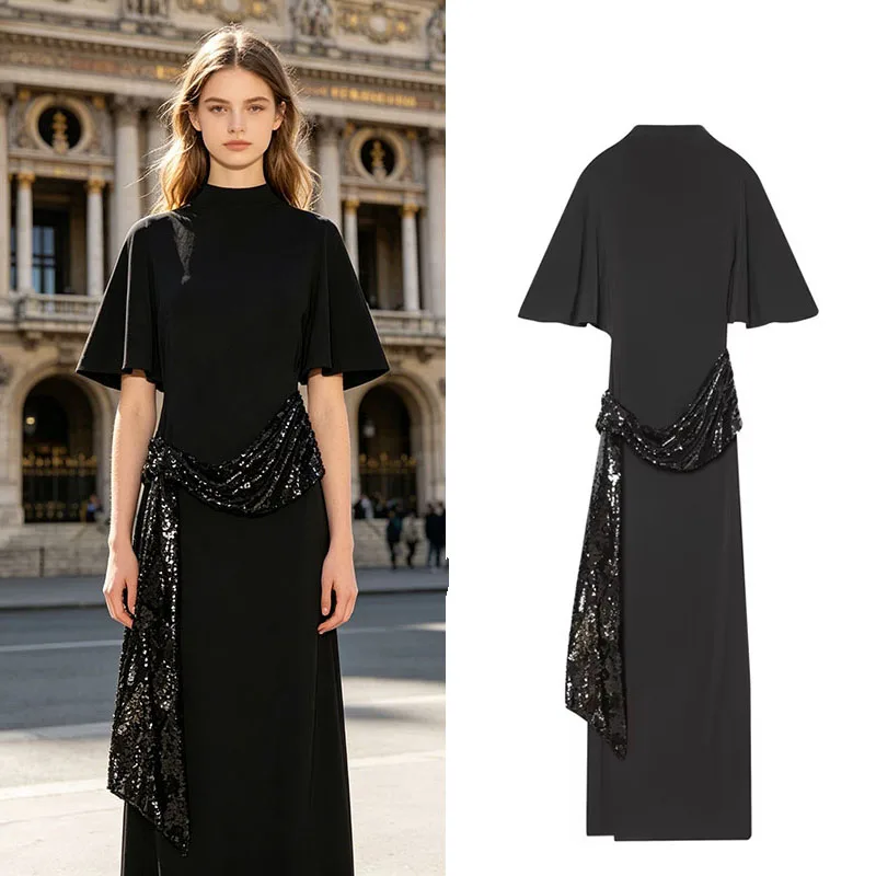 Vestido largo negro para mujer con fajín de lentejuelas: mangas cortas aleteadas, elegante vestido de noche para eventos formales