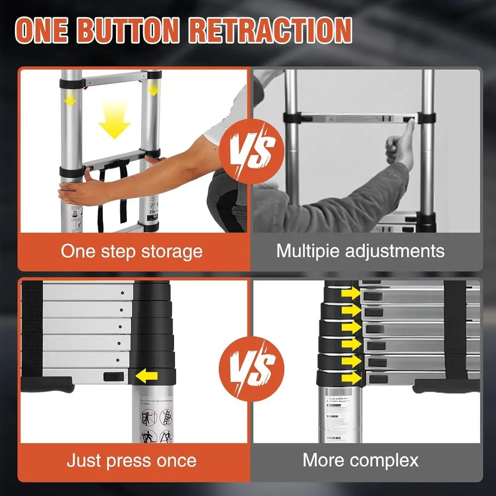 12.5 FT Aluminum Telescoping Ladder, One Button Retraction Extension Ladder, 375 lbs Load Capacity with Non-Slip Wide Feet, Comp