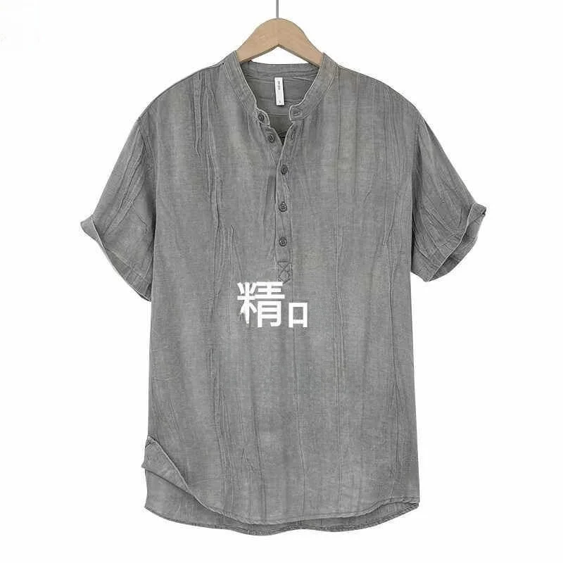High-End Lyocell Flax Men's Short Sleeve T-Shirt Summer Thin Cotton Linen Blend Breathable Lightweight Stand Collar Shirt