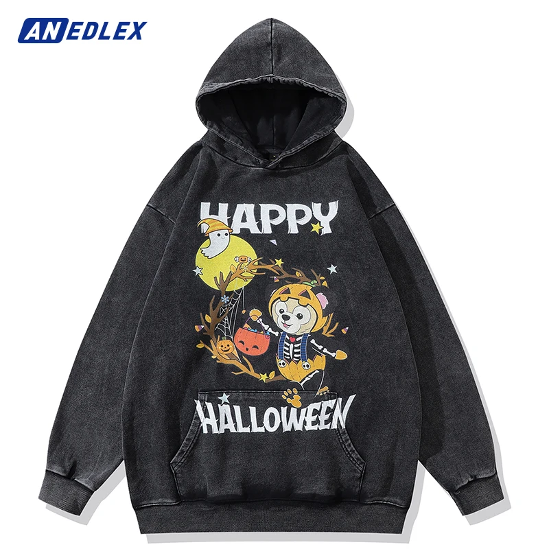 Men Streetwear Black Fashion Hoodie Sweatshirt Cartoon Little Bee Print Hooded Pullover Harajuku Cotton Vintage Oversize Hoodie