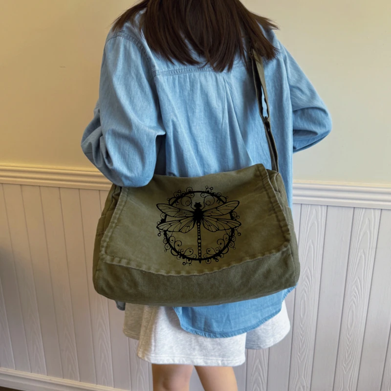 Vintage Damentasche Libellenmuster Canvas Umhängetasche Große Kapazität Weibliche Tote Umhängetasche Laptoptasche Pendeln