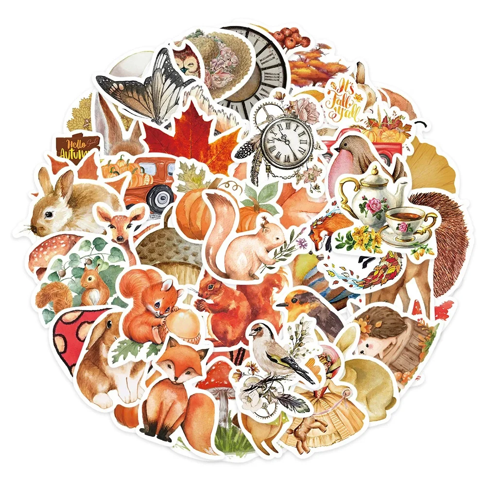 10/30/50pcs Vintage Cartoon Autumn Forest Stickers Cute Aninal Squirrel Rabbit Sticker Laptop Phone Suitcase Graffiti Decals Toy