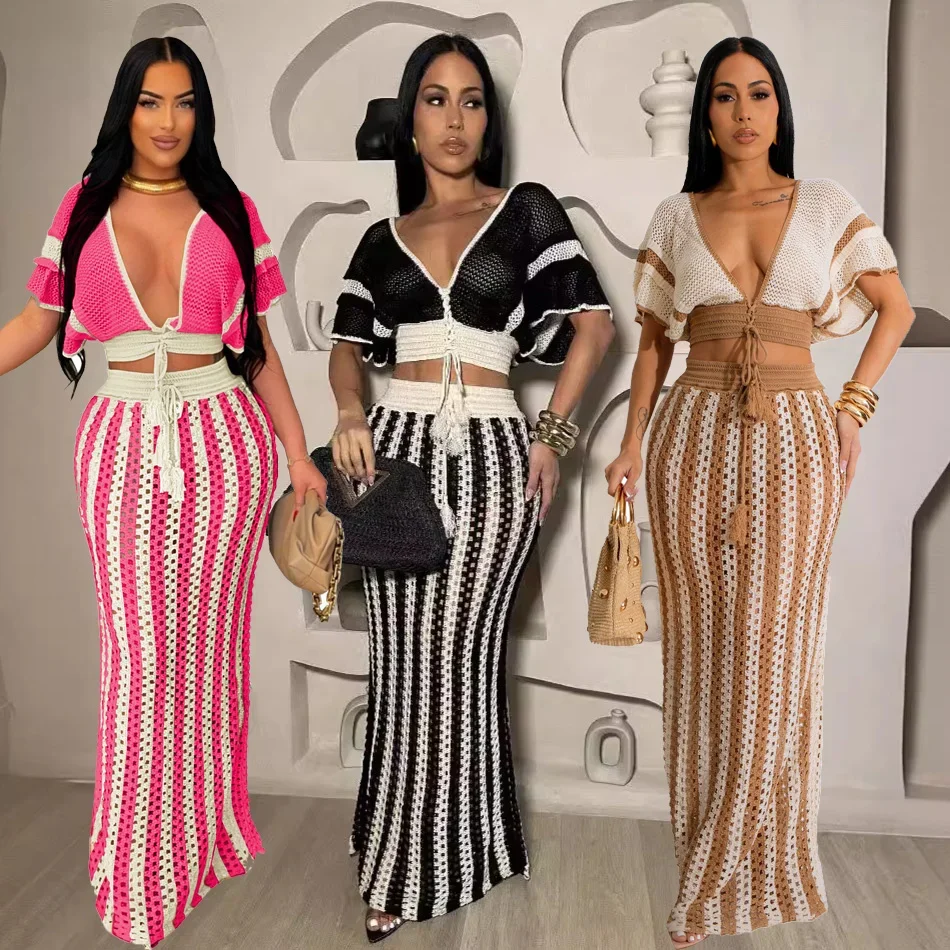 Striped Knitted Two Piece Set Women Outfit Y2K Clothes Clubwear Party Hollow Out V-neck Crop Top and Long Skirt Maxi Dress Sets