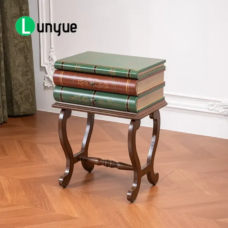 European Antique Solid Wood Book Shaped Storage Side Table For Living Room Vintage Decorative End Table With Hidden