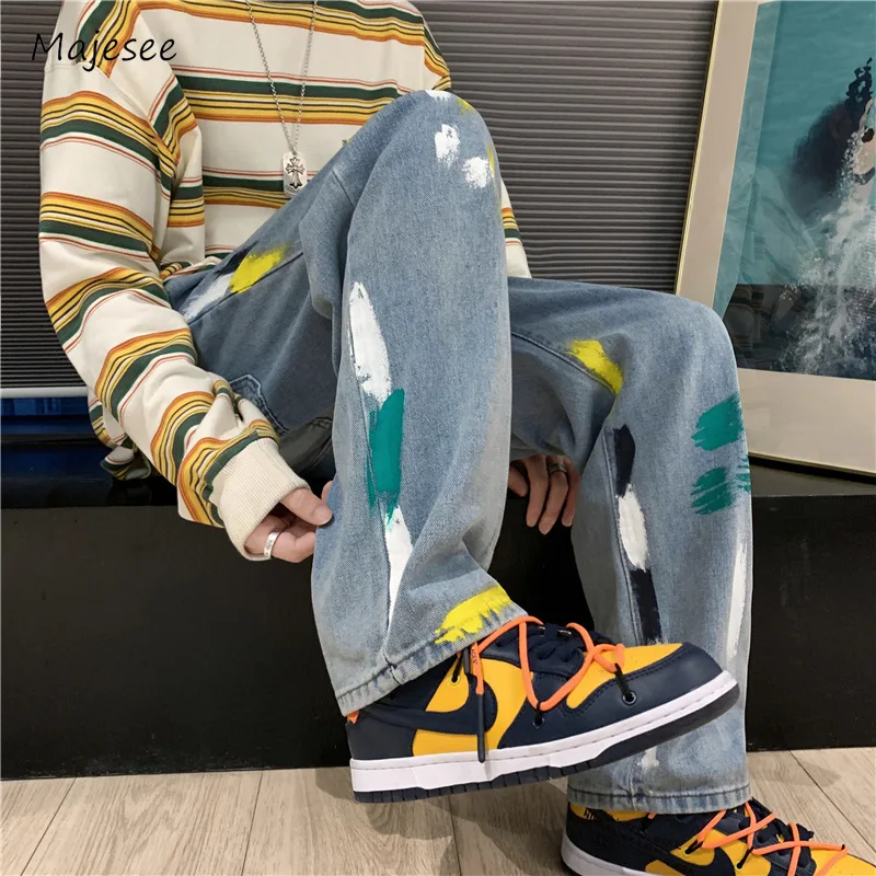 

Jeans Men Fashion Handsome High Street Japanese Style Splash Ink Hipster Advanced Spring Autumn Teens Mopping Trousers Casual