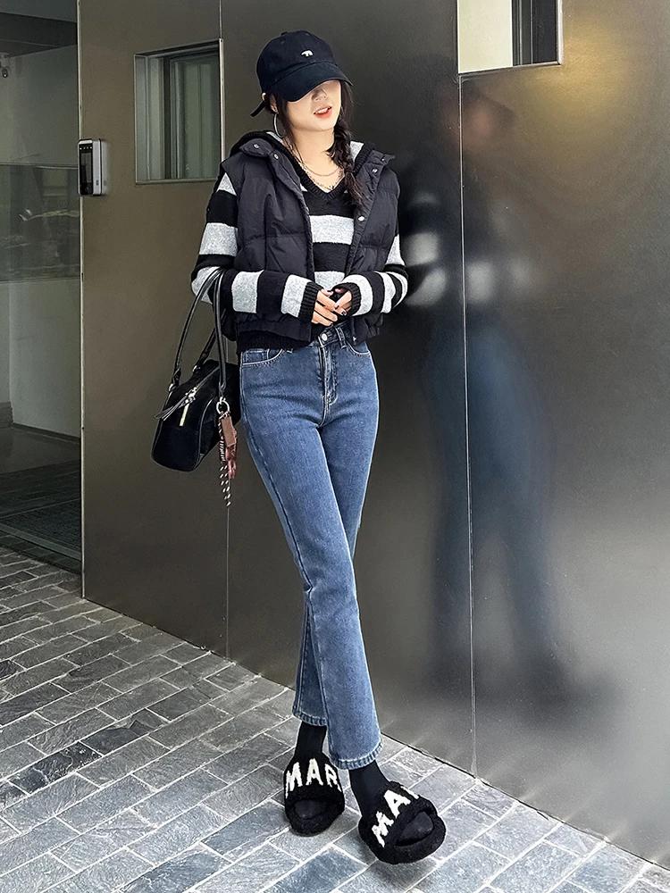 Retro American Fleece Lined Thick Denim Jeans Women's High Waist Slim Fit Straight Leg Tight Smoke Tube Pants Autumn Winter