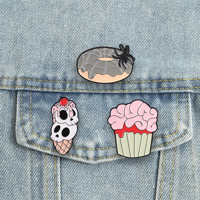 Goth Spooky Dessert Badge Skull Ice Cream Brain Cupcake Spider Donut Enamel Pin Halloween Creepy Brooches Gift Decor Accessories