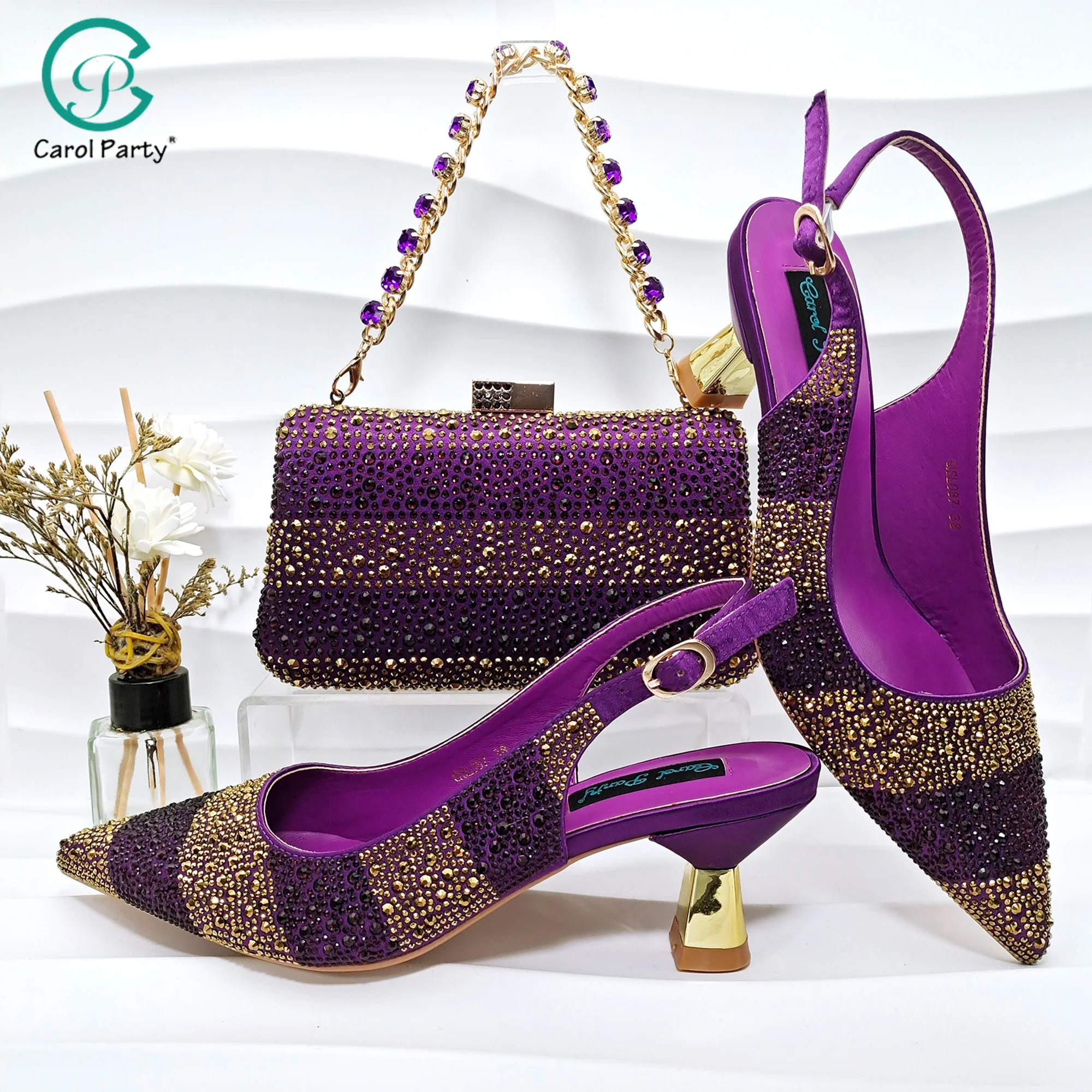 

High Quality Women's Pumps And Bag New Italian Design Purple Satin Pointed Toe High Heels Fine Rhinestone Decoration