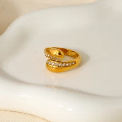 Stylish Golden Metal Stainless Steel Paved Shiny Stone Cross Open Ring for Women Waterproof Jewelry Gift