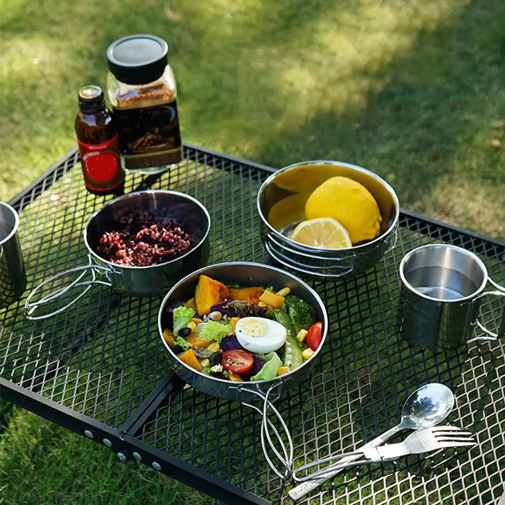 

5Pcs Stainless Steel Tableware Set Polished Cup Pot Camping Outdoor Cooking Tool for Picnic Bbq Hiking Camping Tableware Set