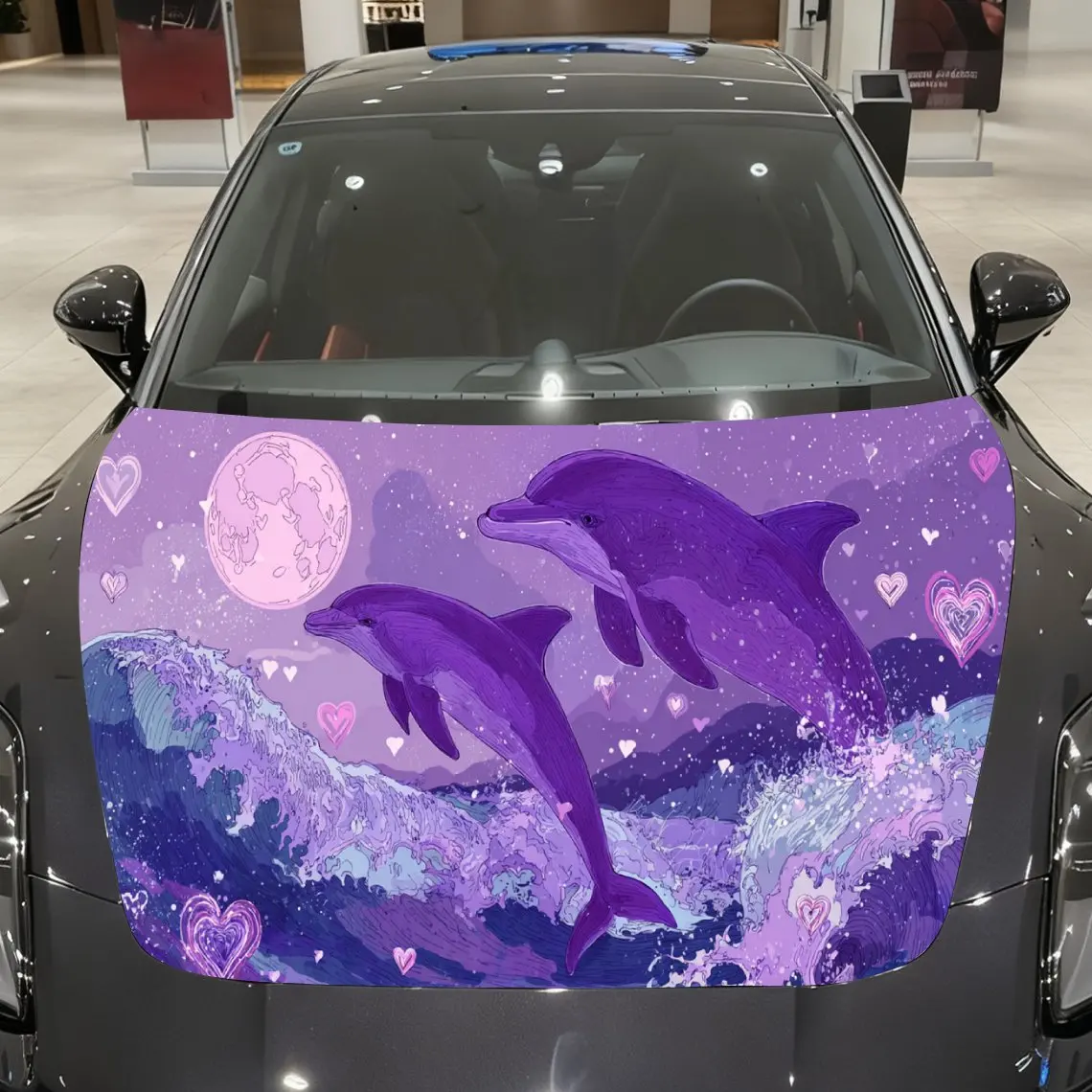 Purple Dolphin Love Brave Adventure PVC Car Hood Wraps, Self-Adhesive Waterproof Car Bonnet Decal Sticker, Car Decoration Protec view 4