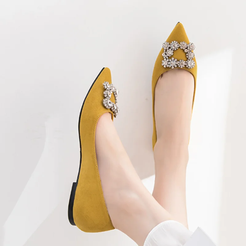 Cinderella Snow Crystal Buckle Wedding Shoes In Yellow Red Royal Blue Pointy Toe Flock Bride Flats For Dress 2024 New Arrivals