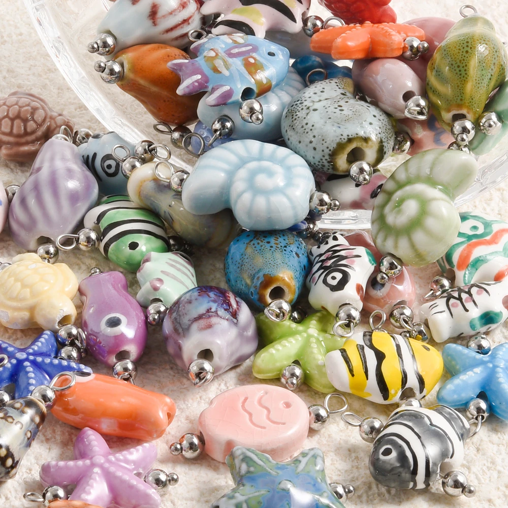10Pcs Abalorios Marine Life Sea Animal Charms Bisutería Materiales Hand Painted Ceramic Ocean Starfish Conch Shell Pendant Bulk