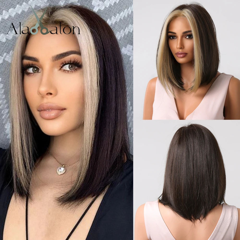 ALAN EATON Dark Brown Bob Wig Highlight Blonde Synthetic Wigs for Women Short Middle Part African American Hair Heat Resistant