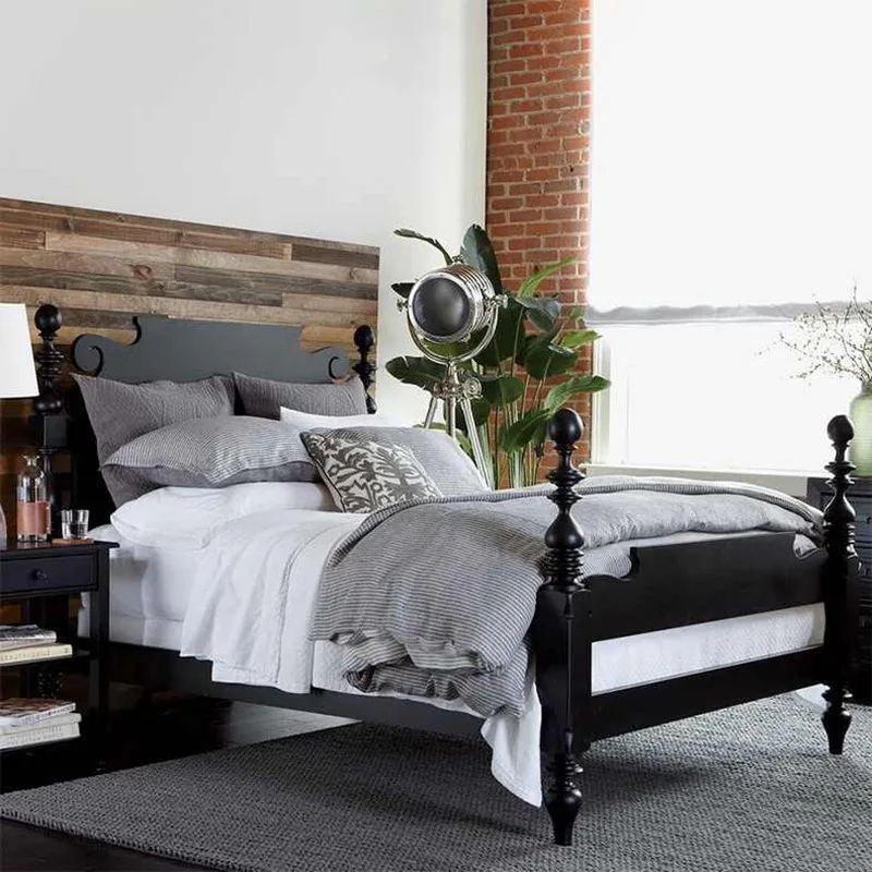 American pastoral solid wood Roman column bedroom children's room black double bed European style fashion modern design French b
