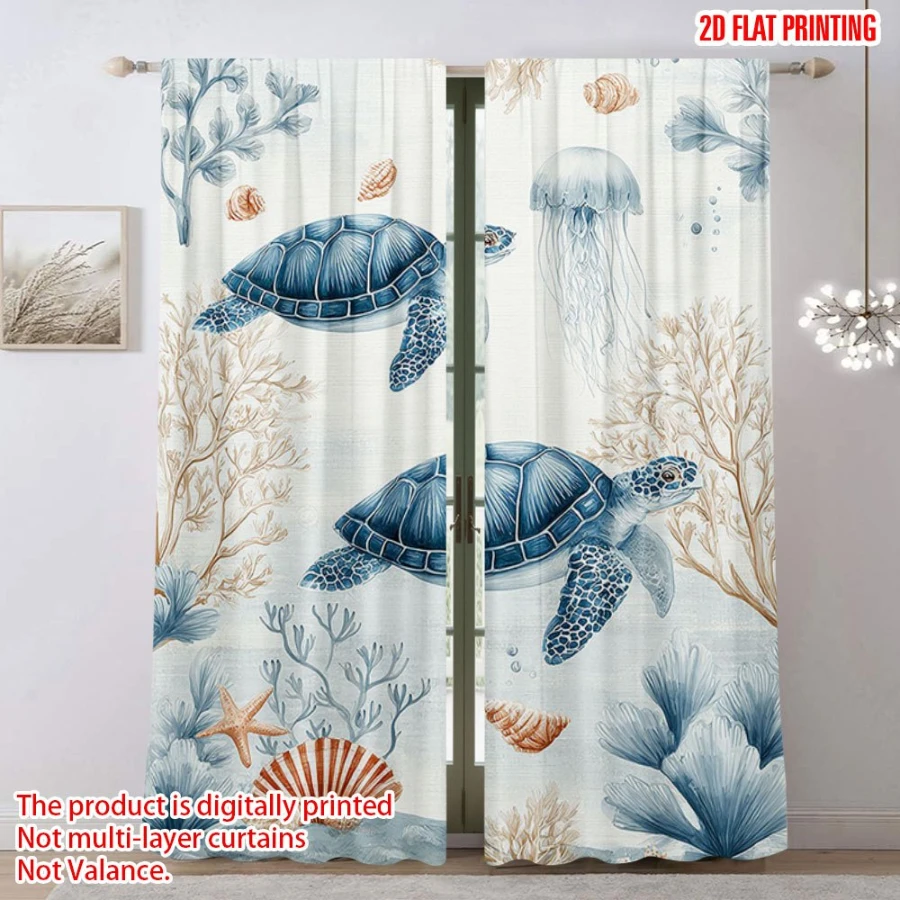 2PCS Digital Printed Curtains, Blue Tone Turtle Jellyfish Design, Nautical Ocean Style for Living Room Bedroom Home Decor