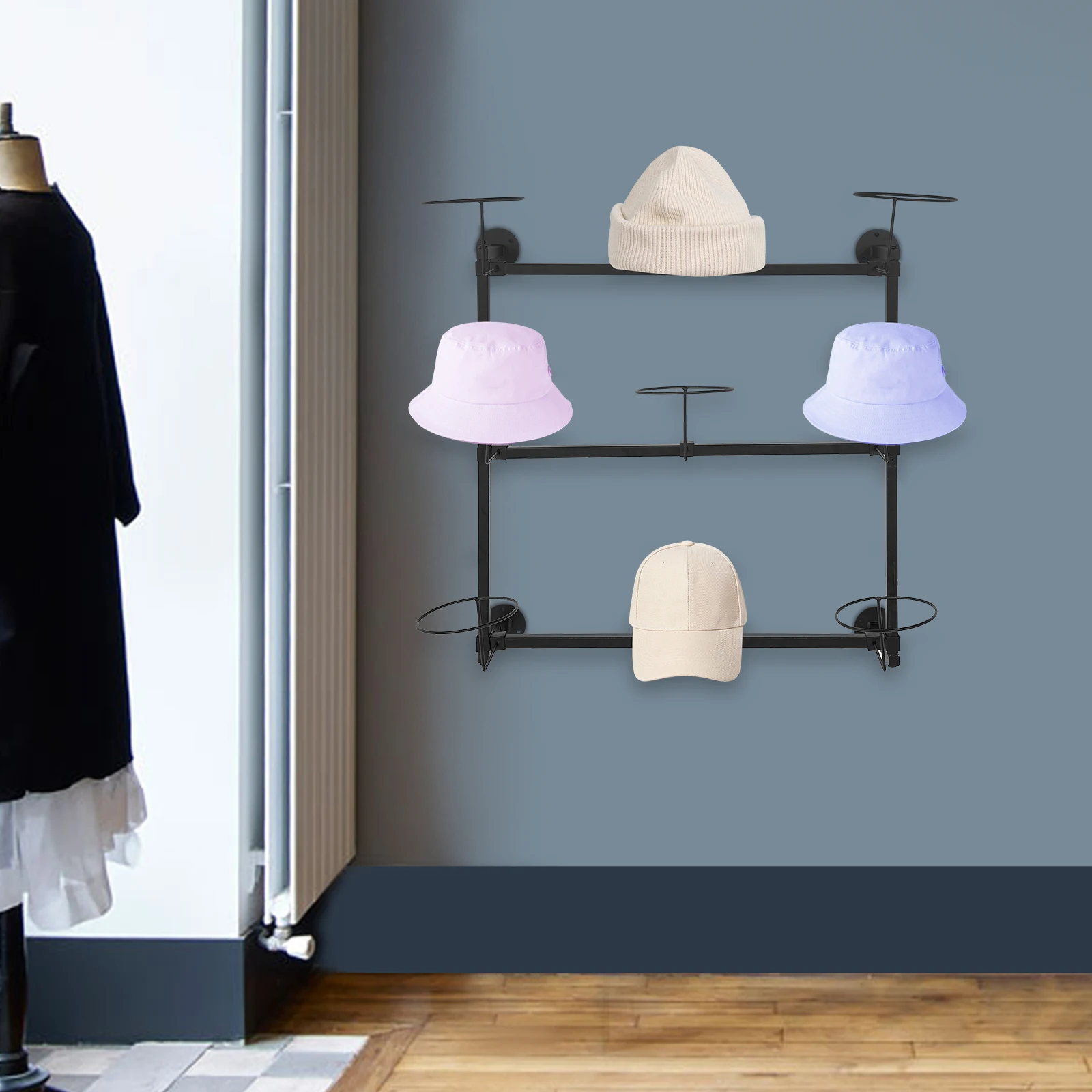 

3-Tier Wall-Mounted Hat Display Rack with 9 Holders Modern Hat Storage Hanger for Home Cloakrooms Retail Stores Shopping Mall