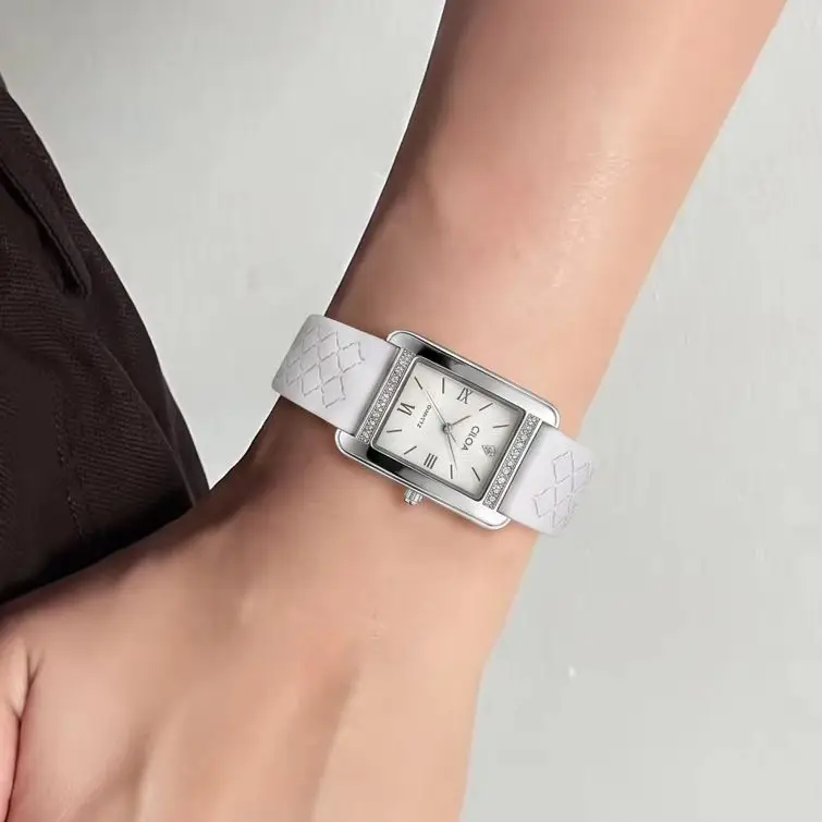 CILOA-Women Square Quartz Watch Crystal Bezel Embossed Leather Strap Roman Dial Ladies Wristwatch-77134