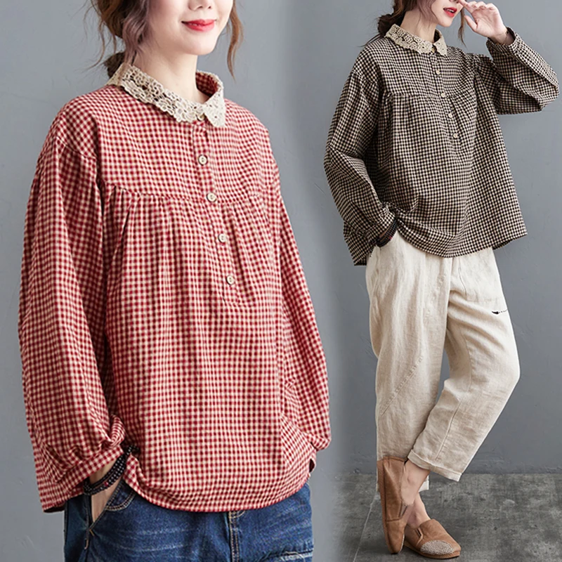 

Женский клетчатый светильник большого размера с кружевным воротником, льняной фонарь-фонариком Све, верхняя версия, топ для пригородных поездок, художественный