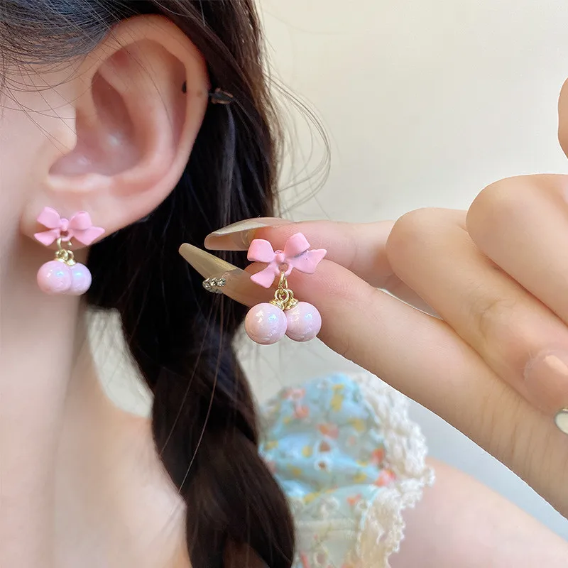 2024 Korean Sweet Pink Bow Earrings for Women Girls Fashion Design Personality Round Bead Drop Earring Jewelry Gifts Wholesale