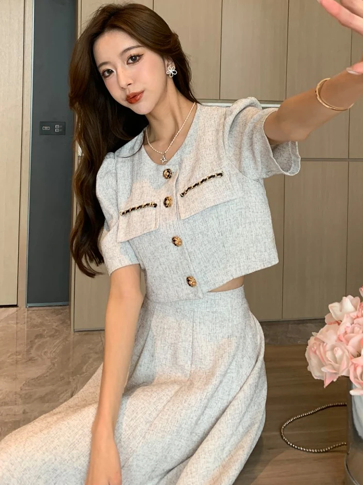 Small Fragrant Fashion New Summer Korean Sweet Elegant 2 Piece-Set Women Coat Top Midi Skirt Suits Womens Two Clothing Sets