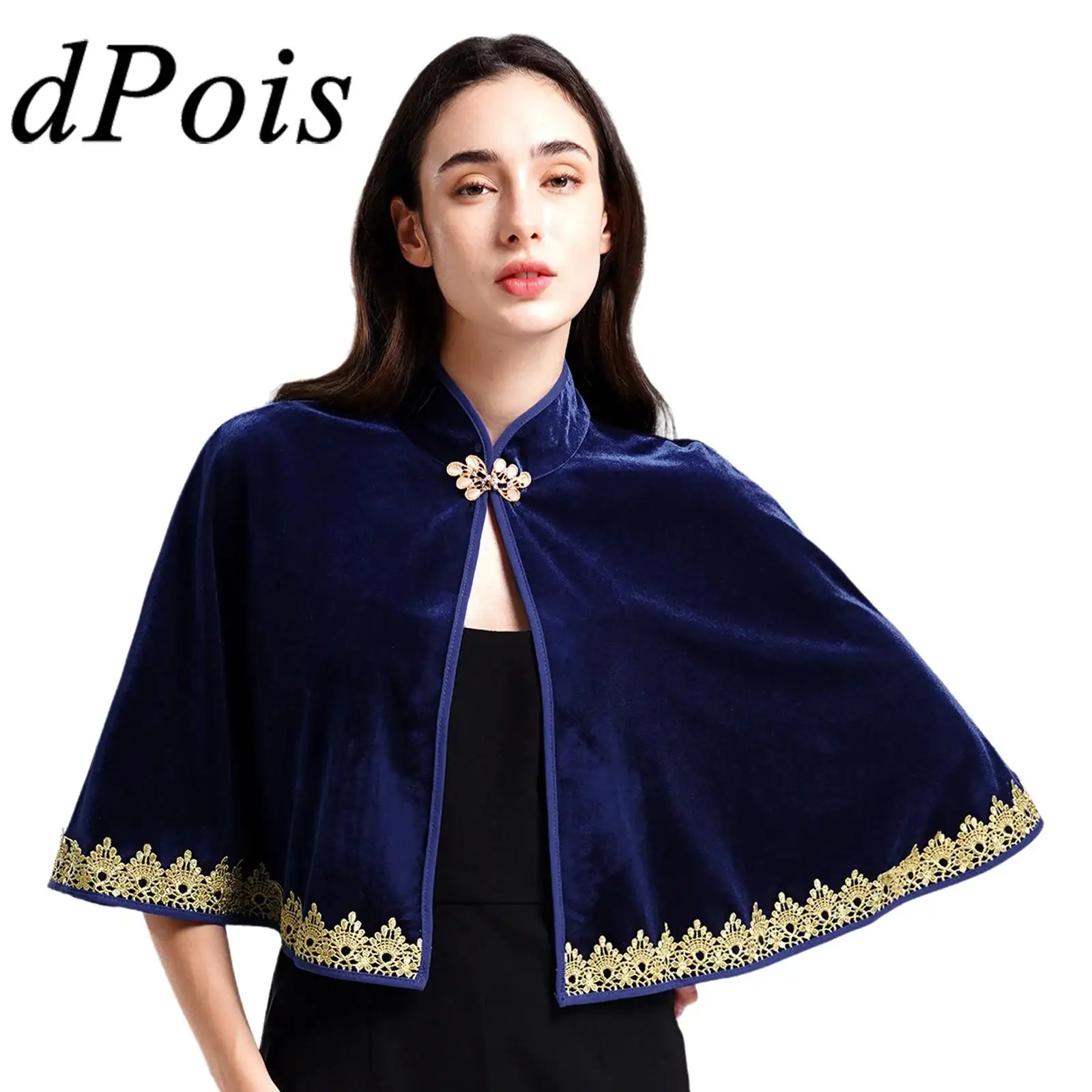 

Womens Elegant Velvet Cape Bolero Stand Collar Gold Trim Shawl Shrug Shoulder Jacket for Banquet Party Accessories Evening Capes