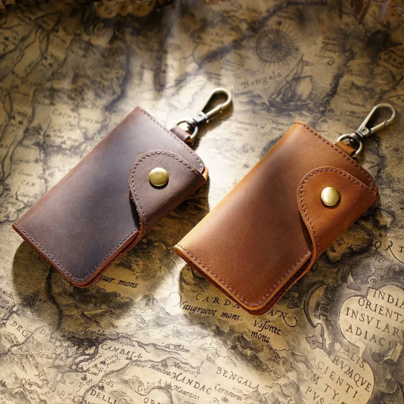 Handmade top leather key case business men key storage bag retro card holder portable large capacity keychain bags