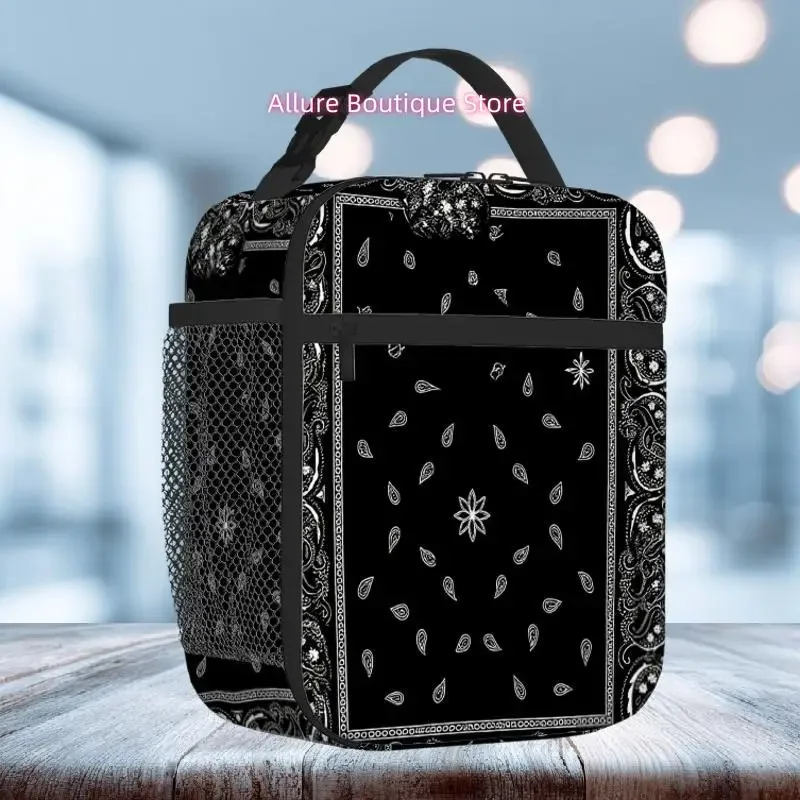 1pc, Black Bandana with White Paisley Pattern and Border Design. Printed Thermal Bag, Insulation Bag, Insulated Bag. Not for Foo