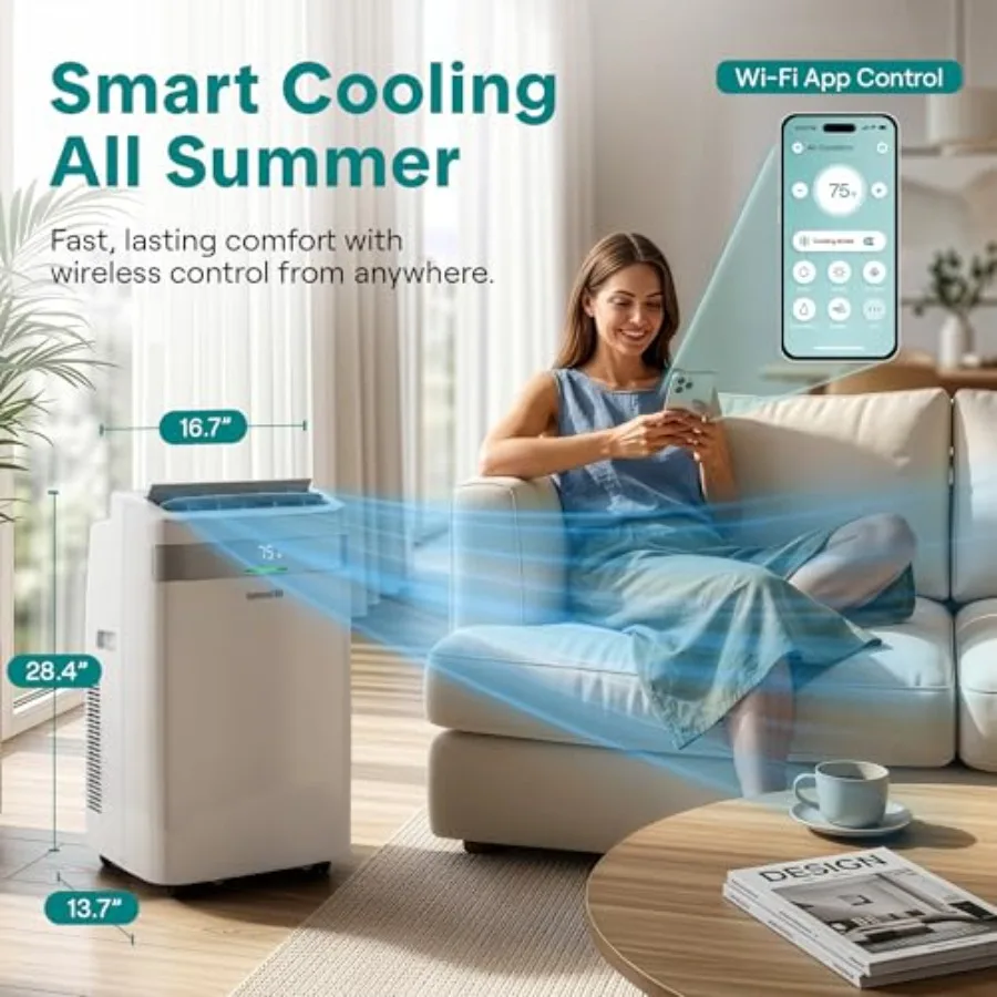 Portable AC and heater for rooms: white ABS plastic unit, 14, 000 BTU cooling/heating, Wi-Fi control, dehumidifier fan modes, i