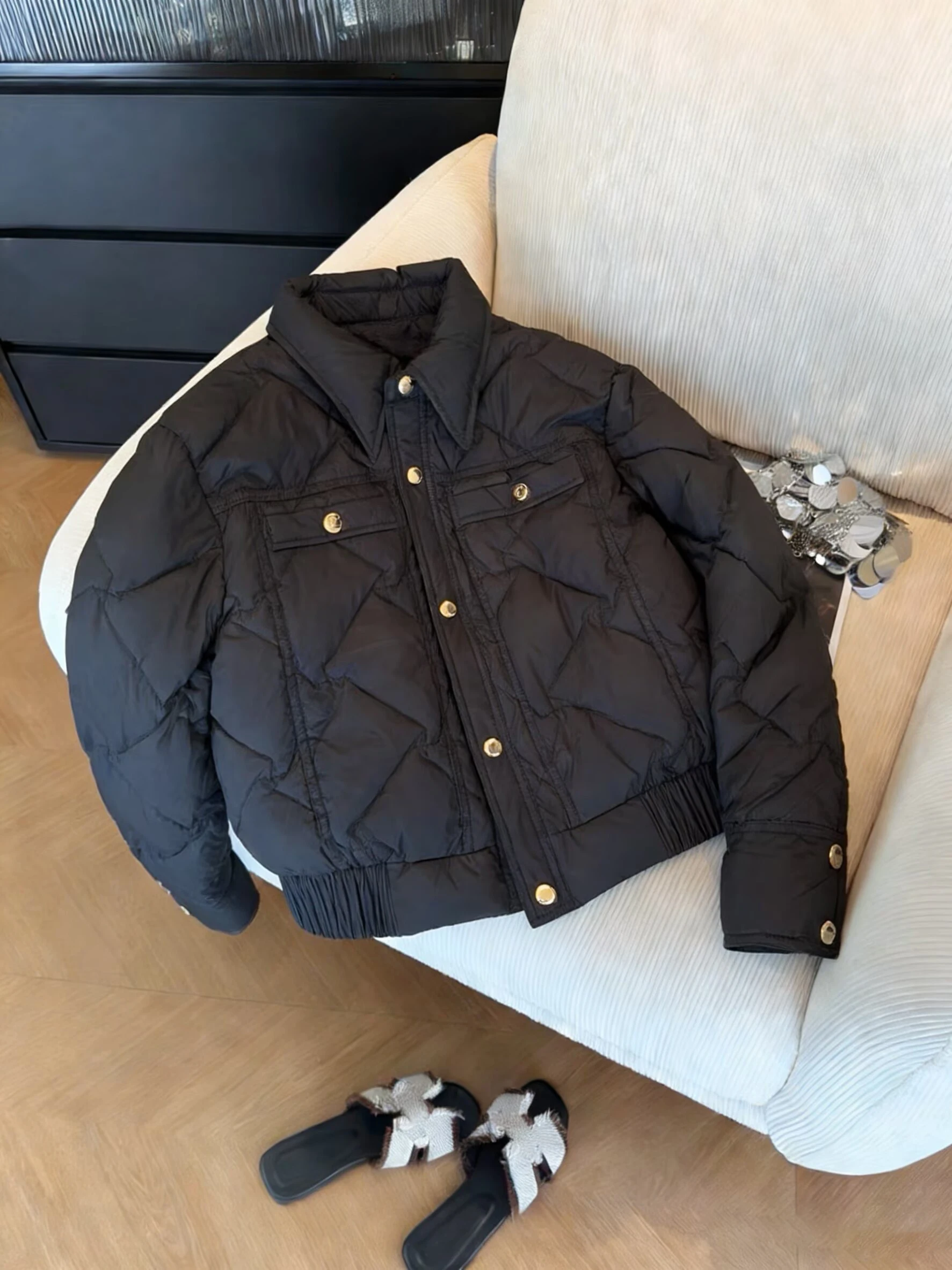 

Ele Retro Pure Color Turn-down Collar Cotton Jaet Women's Autumn Winter Faion Small Size Casual Lightweight Trendy Co...