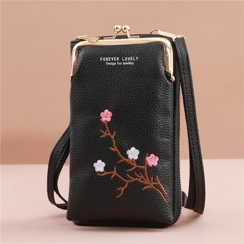 2024 Embroidery Mobile Phone Bags Women Fashion Shoulder Bag Female Mini Crossbody Messenger Bags PU Leather Clutch Wallet Pouch