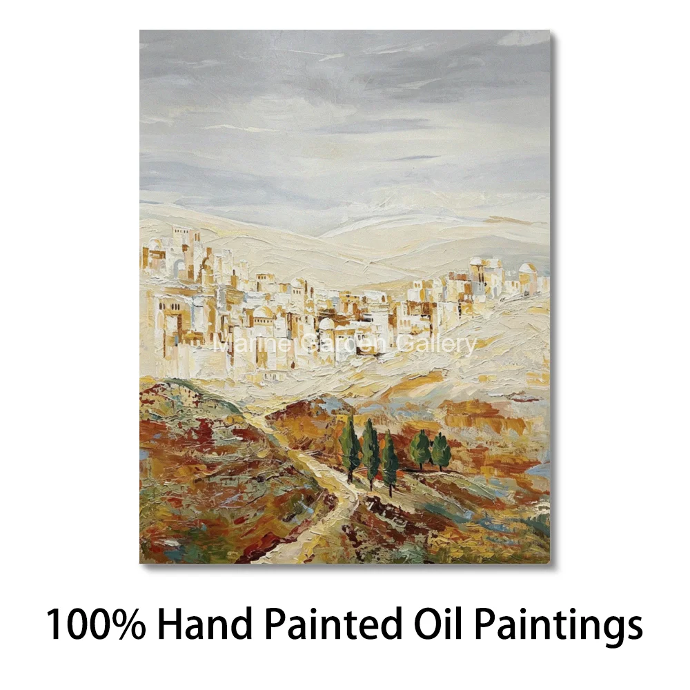 Large Jerusalem Landscape Canvas Art Old City Holy Land Handmade Textured Oil Painting Modern Wall Decor for Jewish Living Room