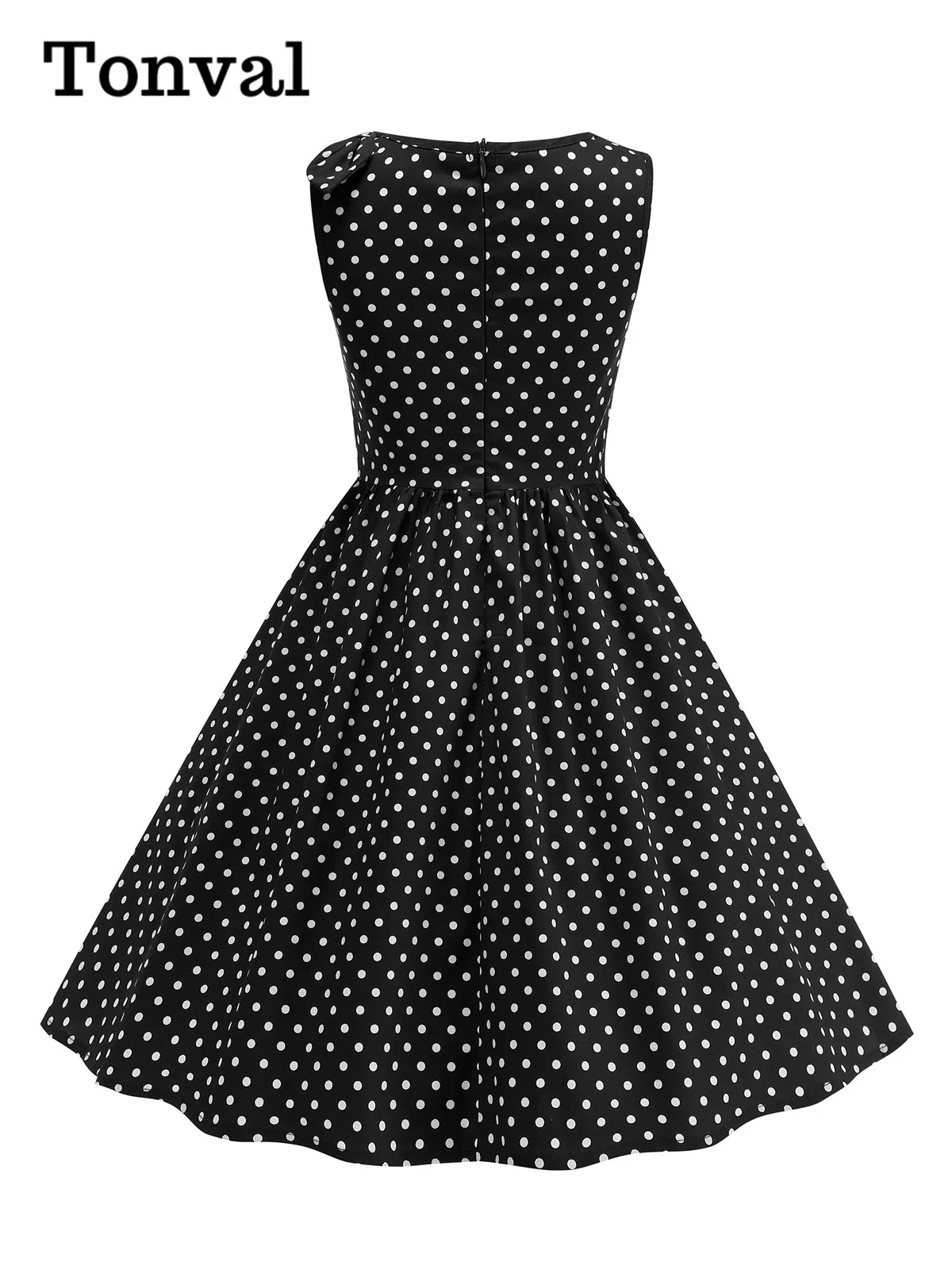 Tonval Black and White Two Tone Vintage Dresses for Kids Polka Dot V-Neck Sleeveless Bow Detail Pleated Cute Girls Dress