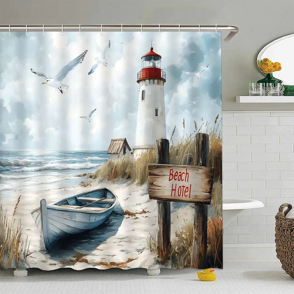 Nautical Coastal Shower Curtain Ocean Beach Lighthouse Vintage Sailboat Seagull Seaside Wild Grass Summer Watercolor Bathroom