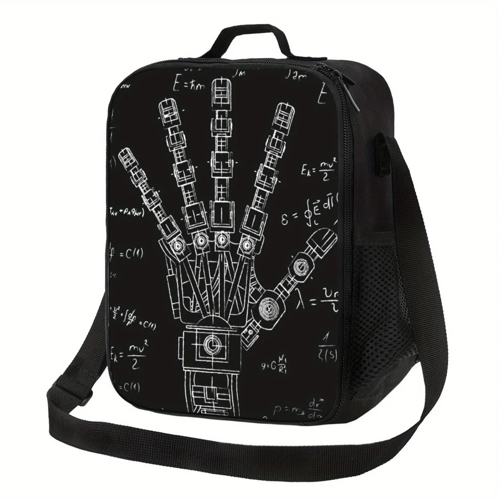 1pc Black Insulated Lunch Bag with Robot Drawing Math Equations Reusable Bento Tote, Non-Food Contact Durable Polyester