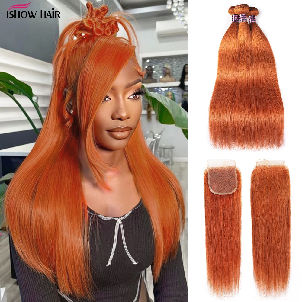 

Ishow Ginger Bundles With Closure Bone Straight Bundles With 4x4 Lace Closure Brazilian Remy Human Hair 3 Bundles With Closure