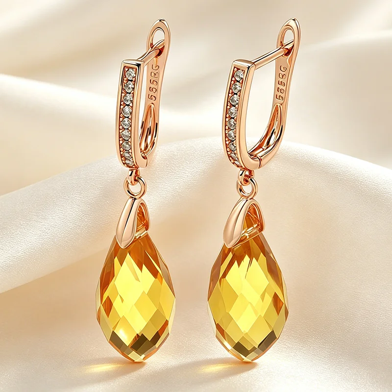 Kinel Luxury Shiny Pendant Earrings 585 Rose Gold Water Drop Green Natural Zircon Inlay Fashion Party Wedding Jewelry 2022