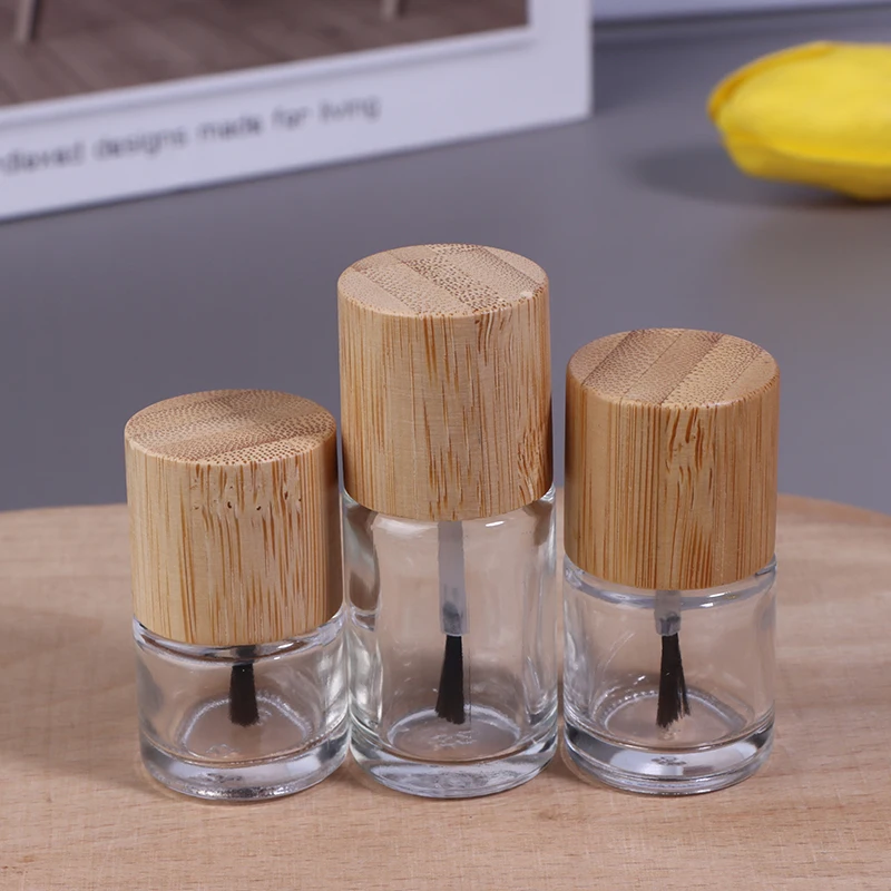 Glass Nail Oil Bottle With Brush Nail Glue Bottle 5ml 10ml 15ml Cylindrical Solid Wood And Bamboo Cover Nail Oil Container