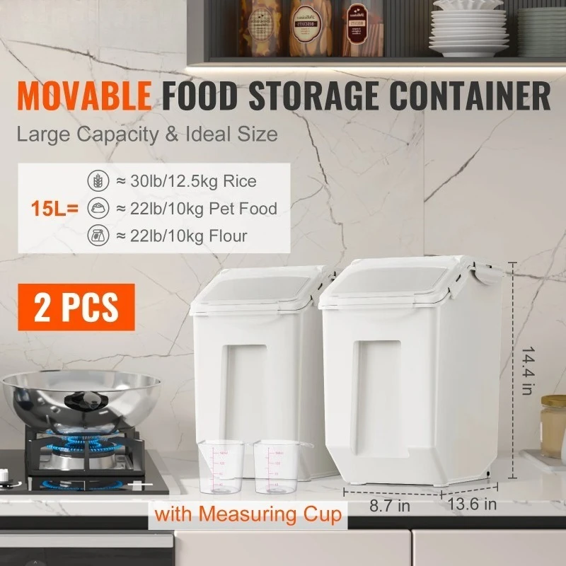 Ingredient Storage Bin 2 x 15L Dispenser Bin with 2 Measuring Cups and Airtight Lid PP Material Rice Cereal Flour Bin