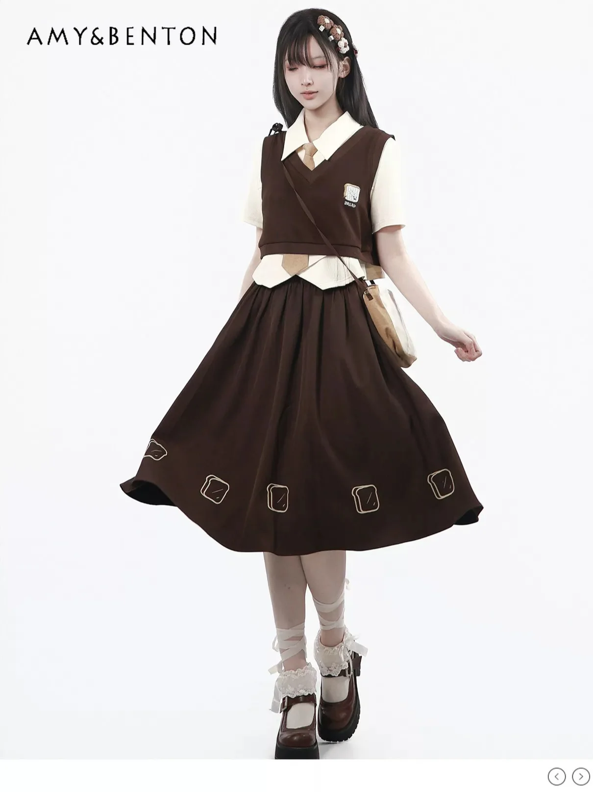 

Sweet Cute College Style Shirt Sets Cartoon Print Lapel Collar Short Sleeve Elastic Waist Mid-length A-line Skirt Two-piece Set