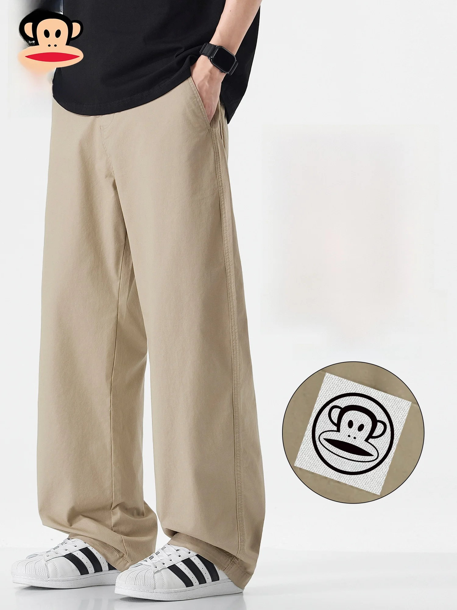 

PaulFrank Khaki Workwear Casual Pants Men Spring Trendy Loose Straight Leg Long Trousers Casual Cotton Polyester Blend