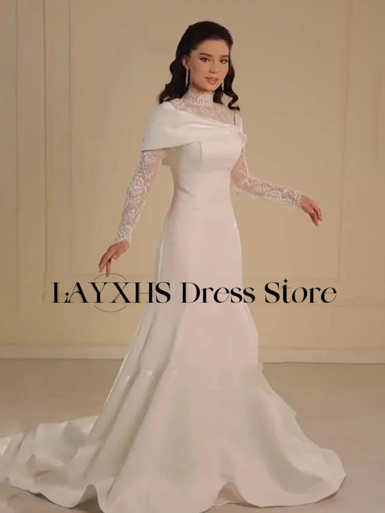 LAYXHS Vestidos de casamento elegantes com gola alta, renda, mangas compridas, sereia, pregas, vestido de noiva personalizado