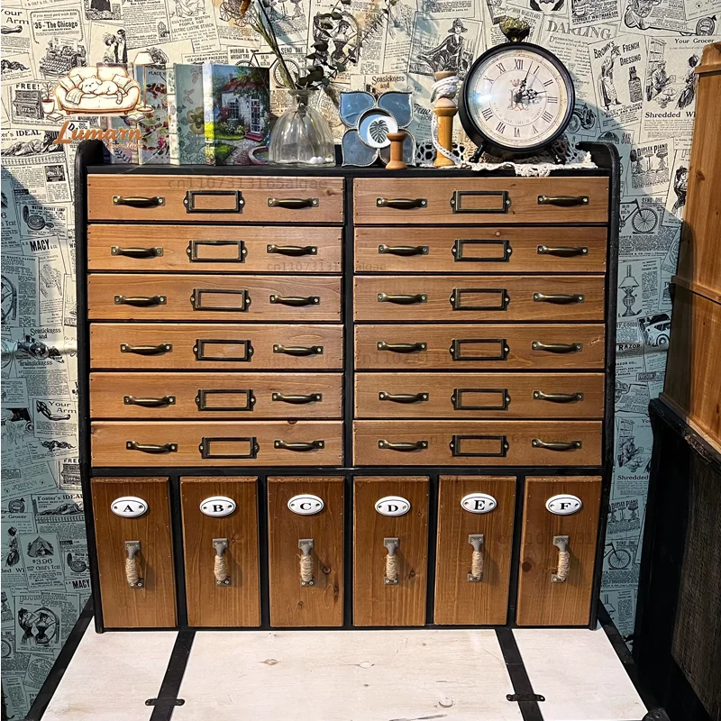 American Retro Country Wood Trapezoid Storage Cabinet with Many Drawers, Tabletop and Wall,Black and Brown