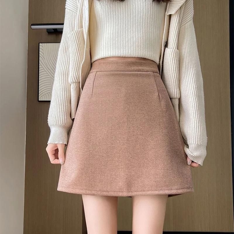 

Autumn Winter Anti-Exposure Woolen Mini Skirt Women Korean College Style Short Skirts New Thicken Warm High Waist A-Line Skirt