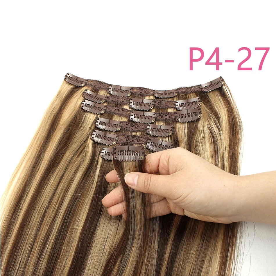 P4-27 réinitialisation In Hair Extensions, 100% Real Natural Remy Hair Extension 18 "-24" réinitialisation In HairPiece Full Head Clips On 100G