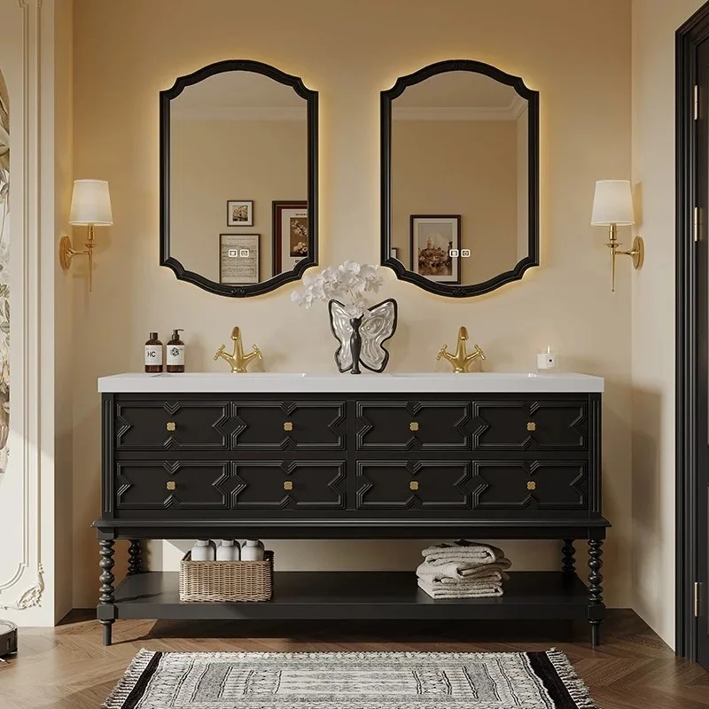 

Французский винтажный дубовый напольный шкаф для ванной комнаты с интегрированной раковиной из сланца, изготовленной методом горячей гибки