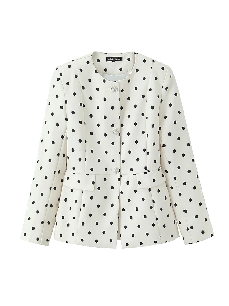 

Новый женский модный и универсальный элегантный пиджак в европейском стиле с круглым вырезом и длинными рукавами в горошек с широкими плечами