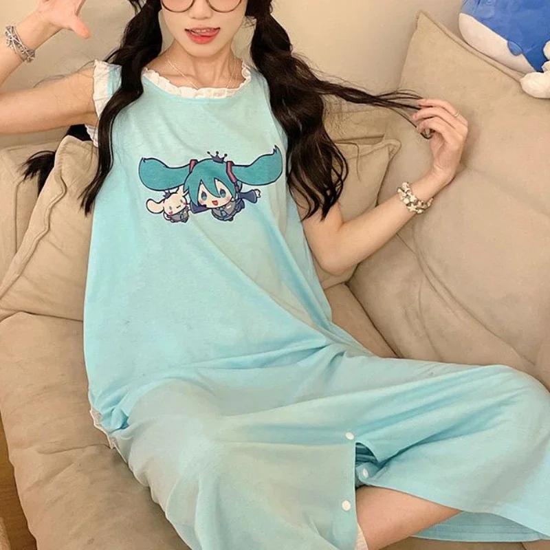 Hatsune Miku pijama de algodão, camisola de uma peça, roupa bonita do anime, verão